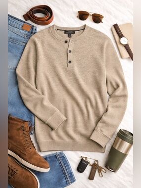 Banana Republic Slub Cotton Henley Sweater Tan Beige Size S | Button Neck